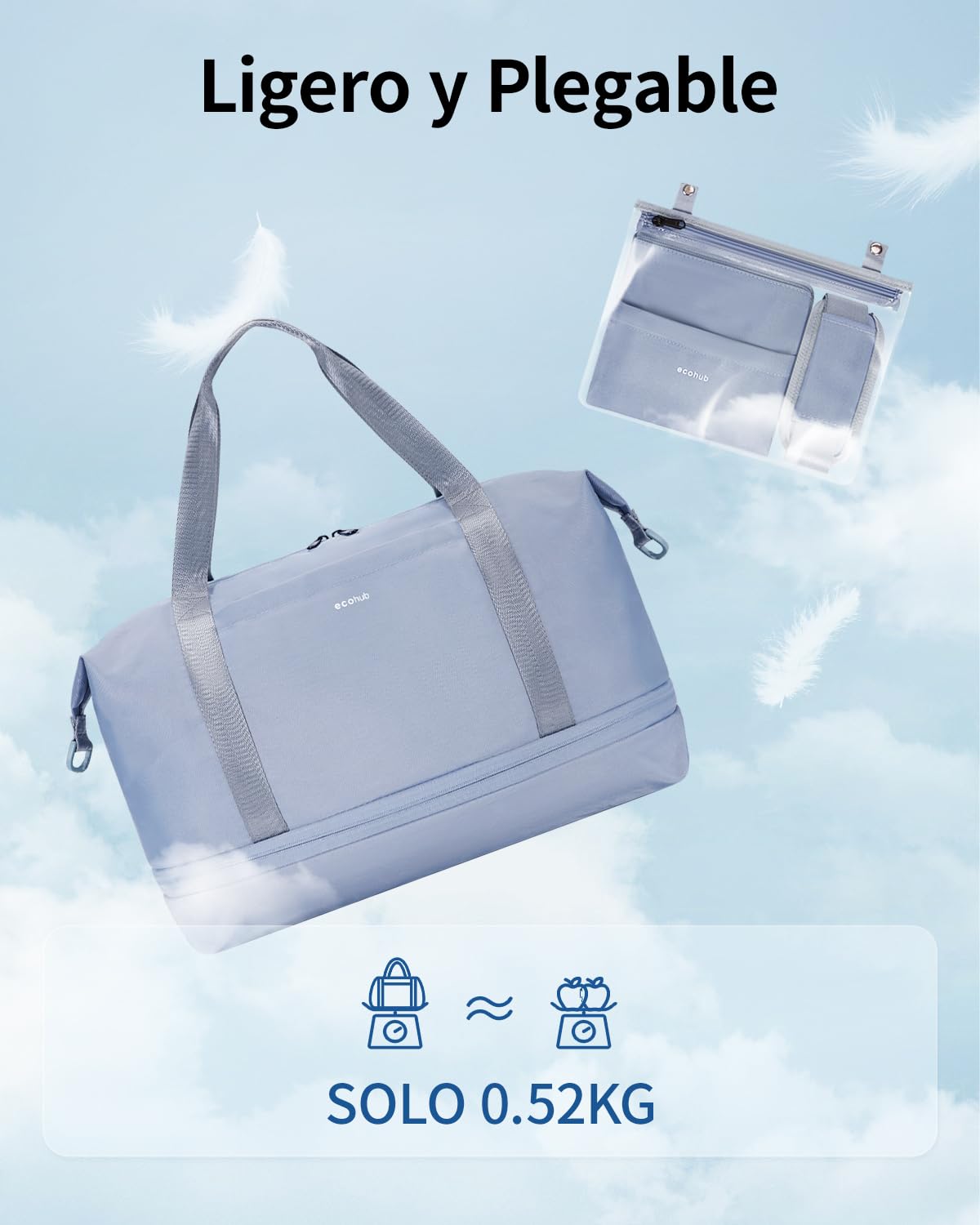 ECOHUB Bolsa Viaje 40x30x20 Expansible, para Ryanair Vueling Wizzair, Equipaje de Mano Impermeable, Húmedo Extraíble, Bolsos Maternidad Hospital, Bolsa Deporte Mujer, Patente Pendiente (Gris)