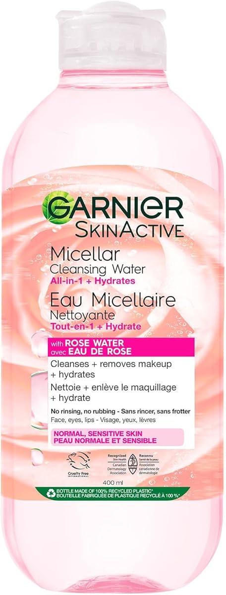 Garnier Micellar Cleansing Water, All-In-One Hydrating Makeup Remover, Face Cleanser With Rose Water & Glycerin, Hypoallergenic, Sensitive to Dry Skin, 400ml