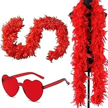 Turkey Feather Boa, Feathers Scarves Soft Women Boa Red Feather Scarves Decorative Feather Scarves for Dance, Wedding, Party, Cosplay, Halloween, with Heart Rimless Sunglasses (200CM)