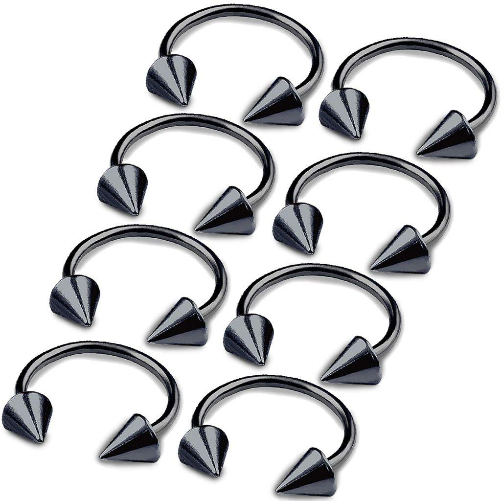 8pcs 16g Horseshoe Ring Circular Barbell Cartilage Hoop Septum Nose Lip Eyebrow Spider Bite Tragus Black Spike Ear - 12mm