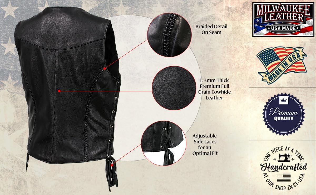 Milwaukee Leather Women's Premium Leather Classic Motorcycle Riding Vest - Made in the USA