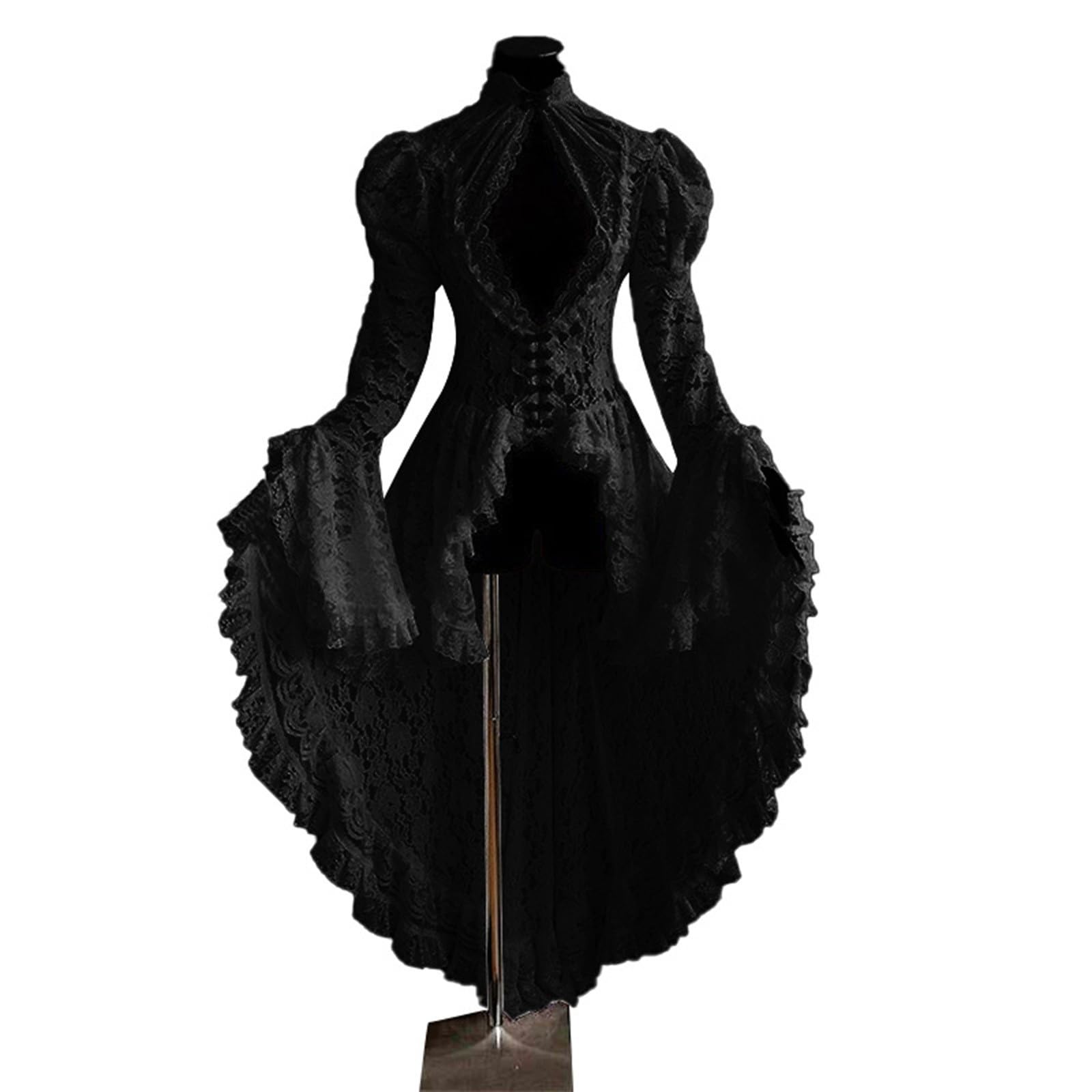 Damen Gothic Mittellange Abendkleider L-4XL Spitze Mesh Lange äRmel Kalte Schulter Halfter Rundhalsausschnitt GroßEr Saum Totenkopf Vintage Hepburn Partykleid Frauen MäDchen Umstandskleider