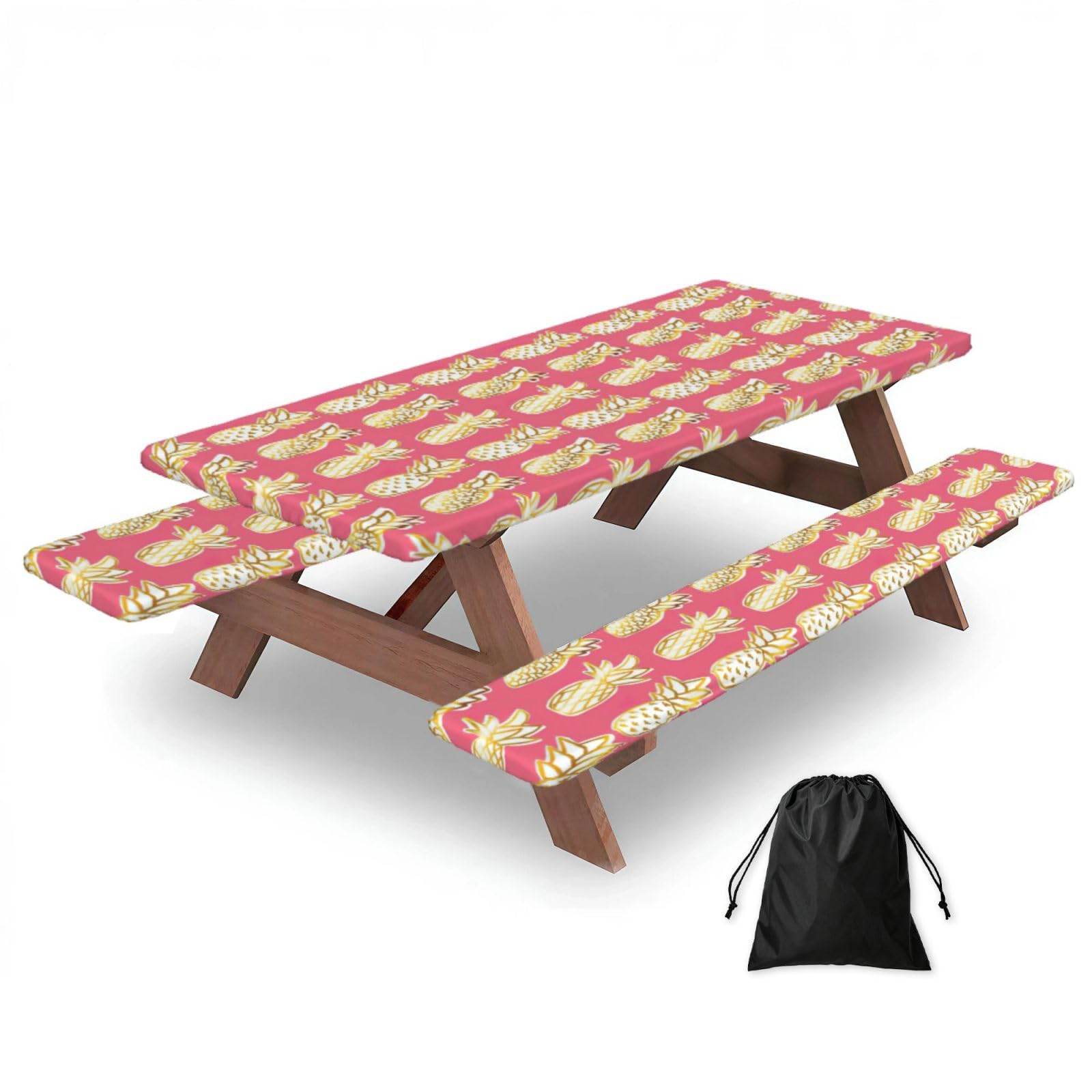Yqxwjl Black Pineapple Print Camping Essentials Waterproof Camping Table And Bench Cover With Drawstring Bag 183 Cm