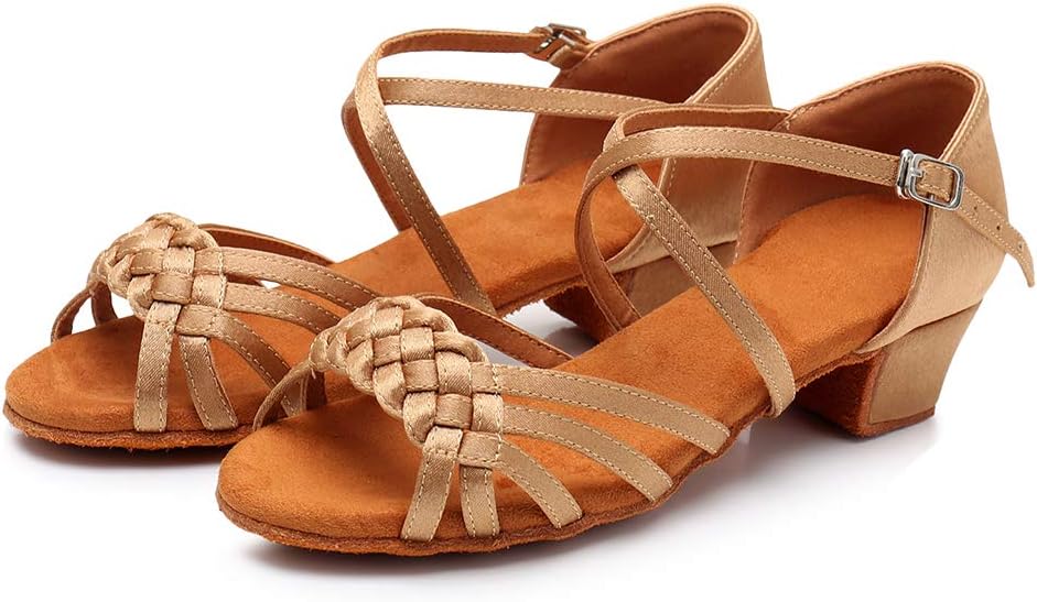YKXLM Girls Latin Dance Shoes Kids Low Heels Tango Salsa Ballroom Practice Dance Shoes, 1208,Beige, 6 M Little Kid