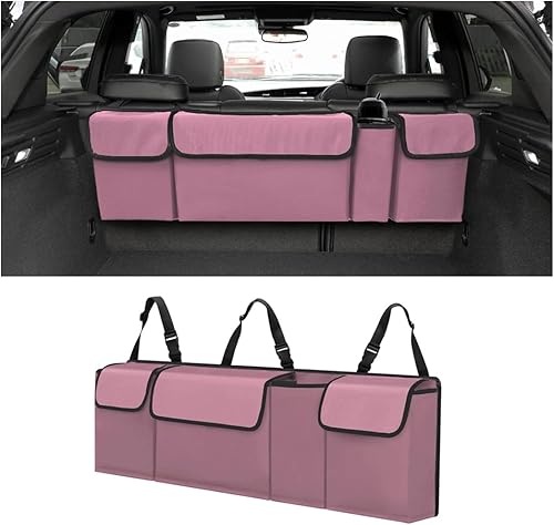 Car Trunk Organizer, Auto Waterproof Sturdy Backseat Hanging Large Storage Collapsible Cargo Bag with Anti-Slip Adjustable Strip&4 Pockets, Vehicle