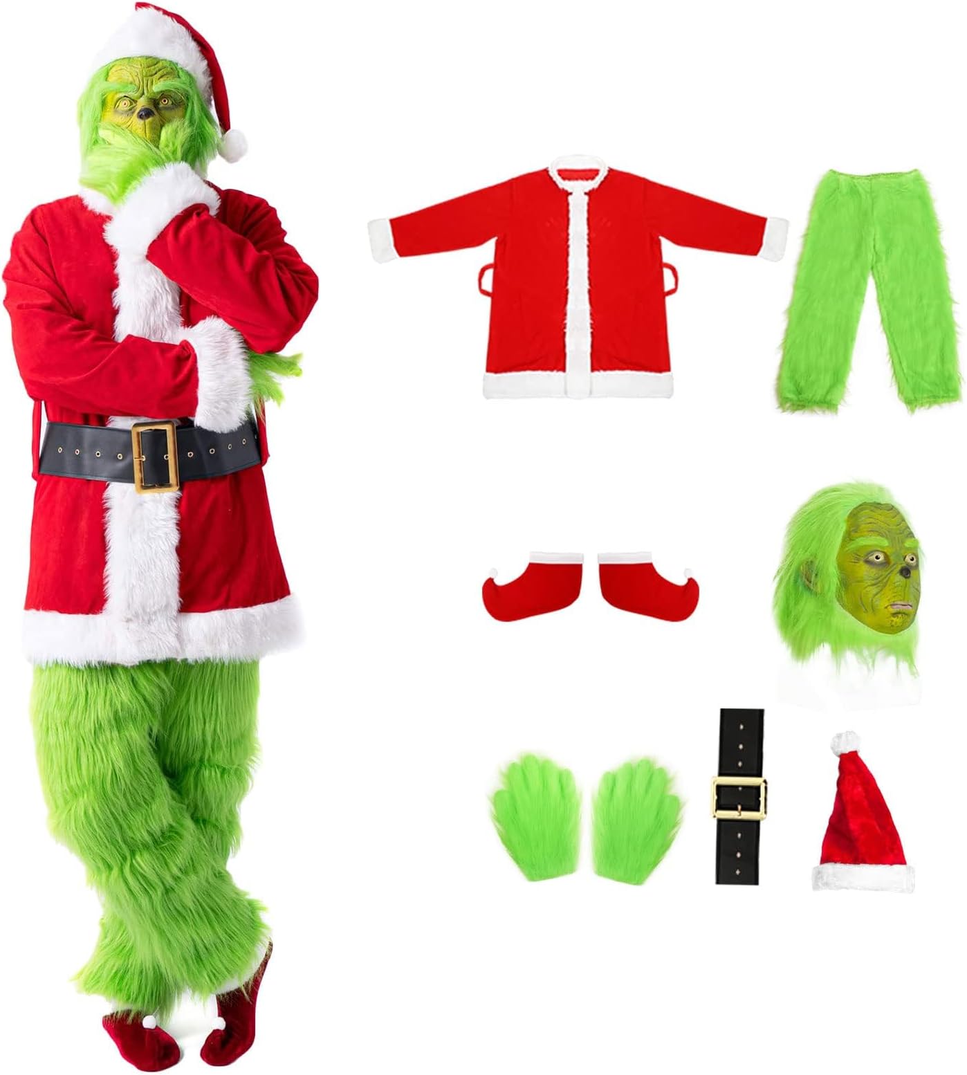 Applysu Adult Costume Set 7PCS, Halloween Christmas Costume for Men Deluxe Furry Adult Santa Suit Outfit