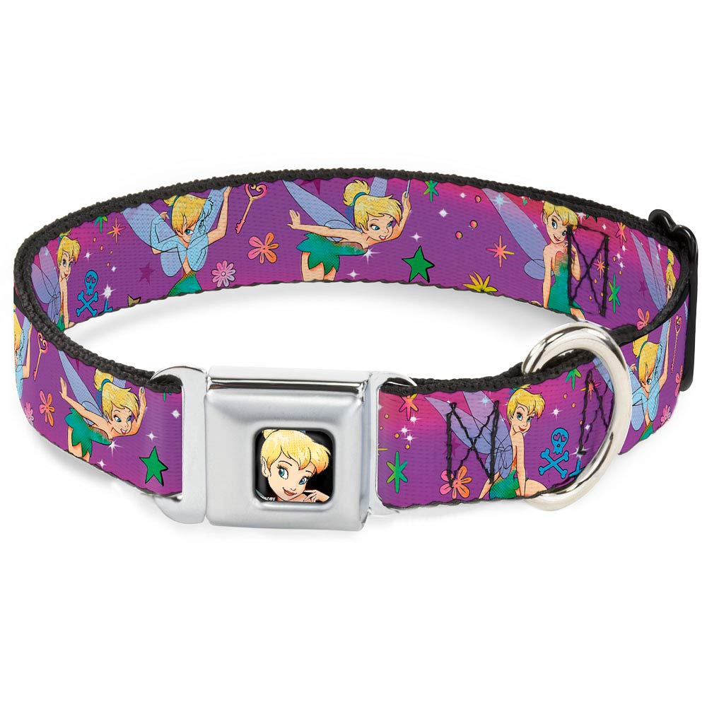 Buckle-Down Dog Collar Seatbelt Buckle Tinker Bell Poses Flowers Stars Skull Purple, Multi Color, 1" Wide - Fits 9-15" Neck - Small (DC-WDY007-S)
