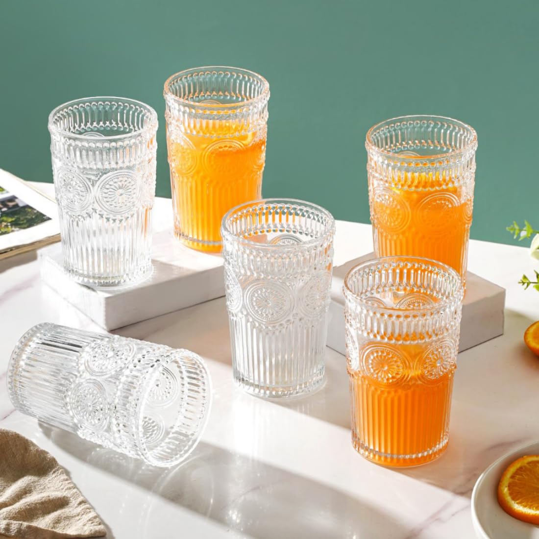 Nestasia Embossed Tumbler Water Glass Set of 6 (350ml Each) | Vintage Pressed Glassware for Hot & Cold Beverages | Transparent Microwave & Dishwasher Safe Tumblers for Water, Juice & Gifting
