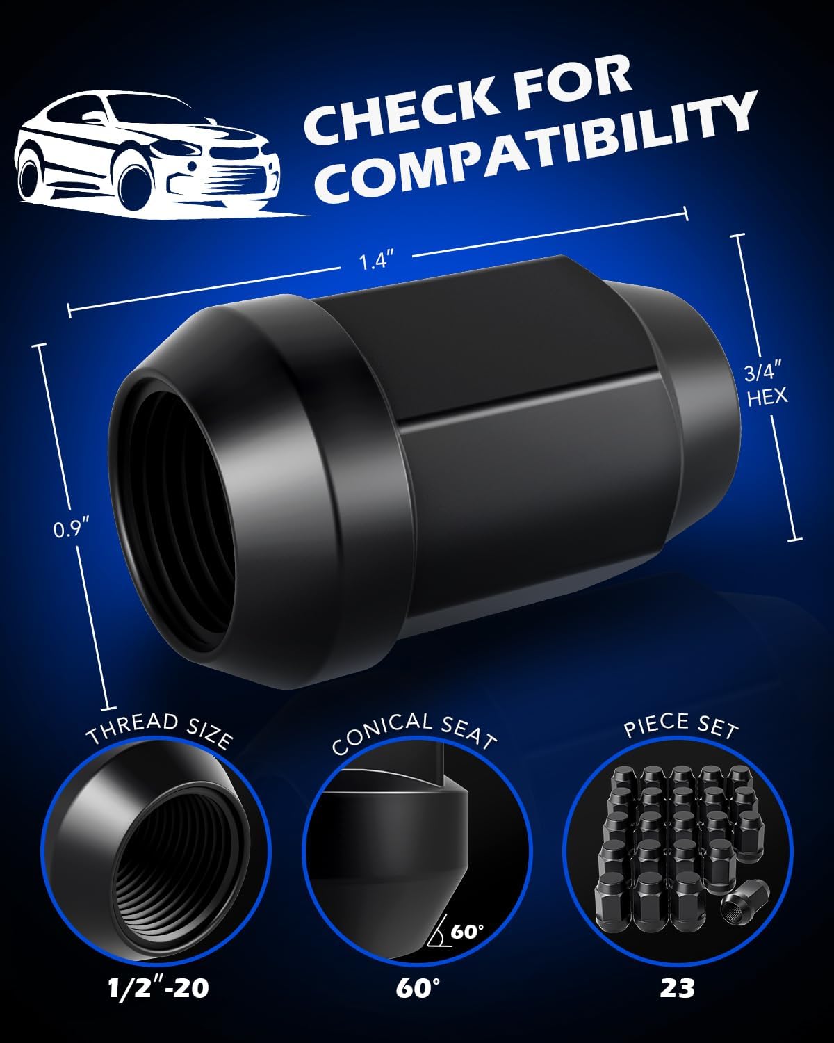 OMT 1/2"-20 Lug Nuts with Cone Seat, 3/4" 19mm Hex 1.38x0.87 in. Blackened Wheel Lug Nuts Compatible with Ford Bronco II Jeep Cherokee Grand Cherokee Liberty Wrangler & More, Set of 23