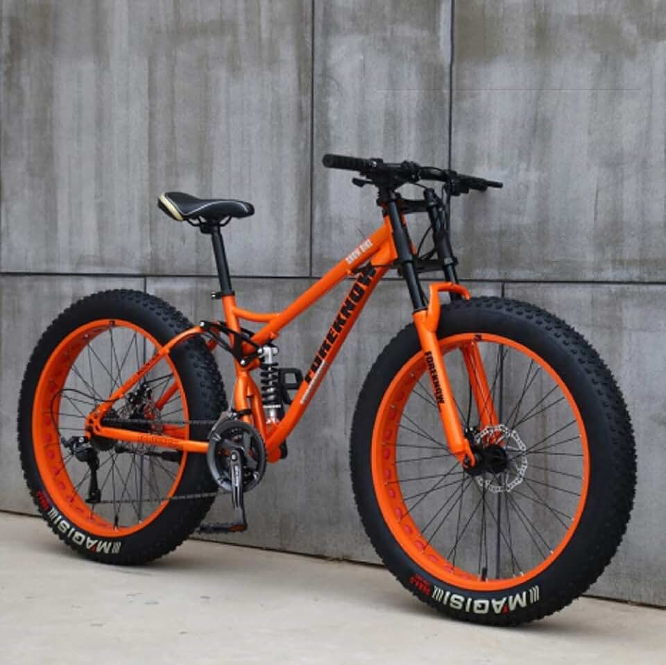 VTT 26" Mjh-01 Adulte Fat tire Bike Vélo 21 Vitesses Cadre en Acier Carbone Double Suspension Complet Double Frein à disque Orange/Cyan