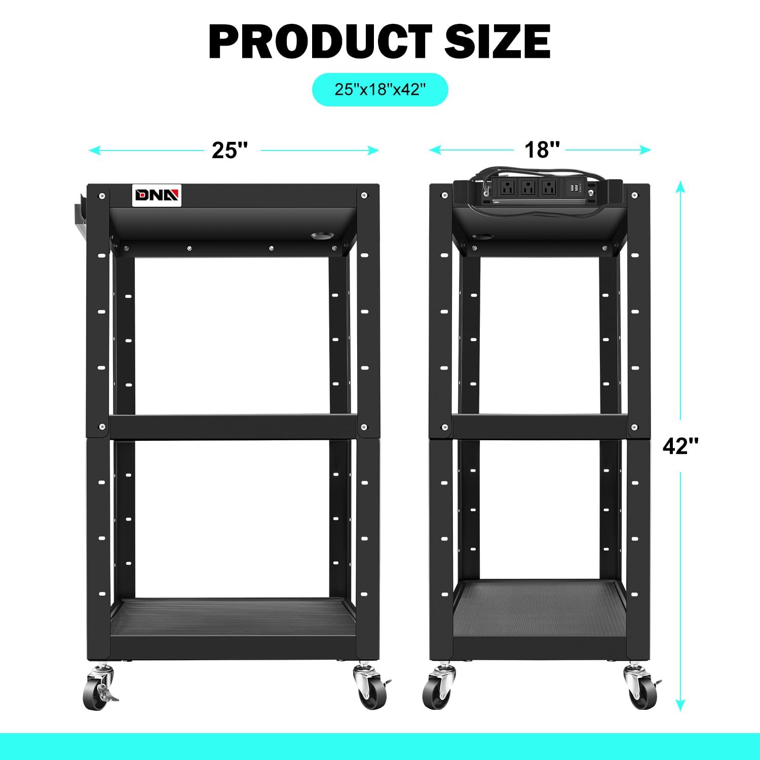 DNA Motoring 3-Layer Utility Steel AV Cart with Wheels Power Strip, 25" x 18" x 24"-42" Height Adjustable Rolling Projector Cart,TOOLS-00136