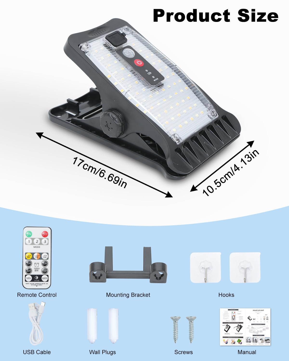 2 lámparas solares para exterior, 2 piezas de lámparas solares con clip con sensor de movimiento, 70 LED, 3 temperaturas de color, USB y control remoto, lámpara solar impermeable para valla