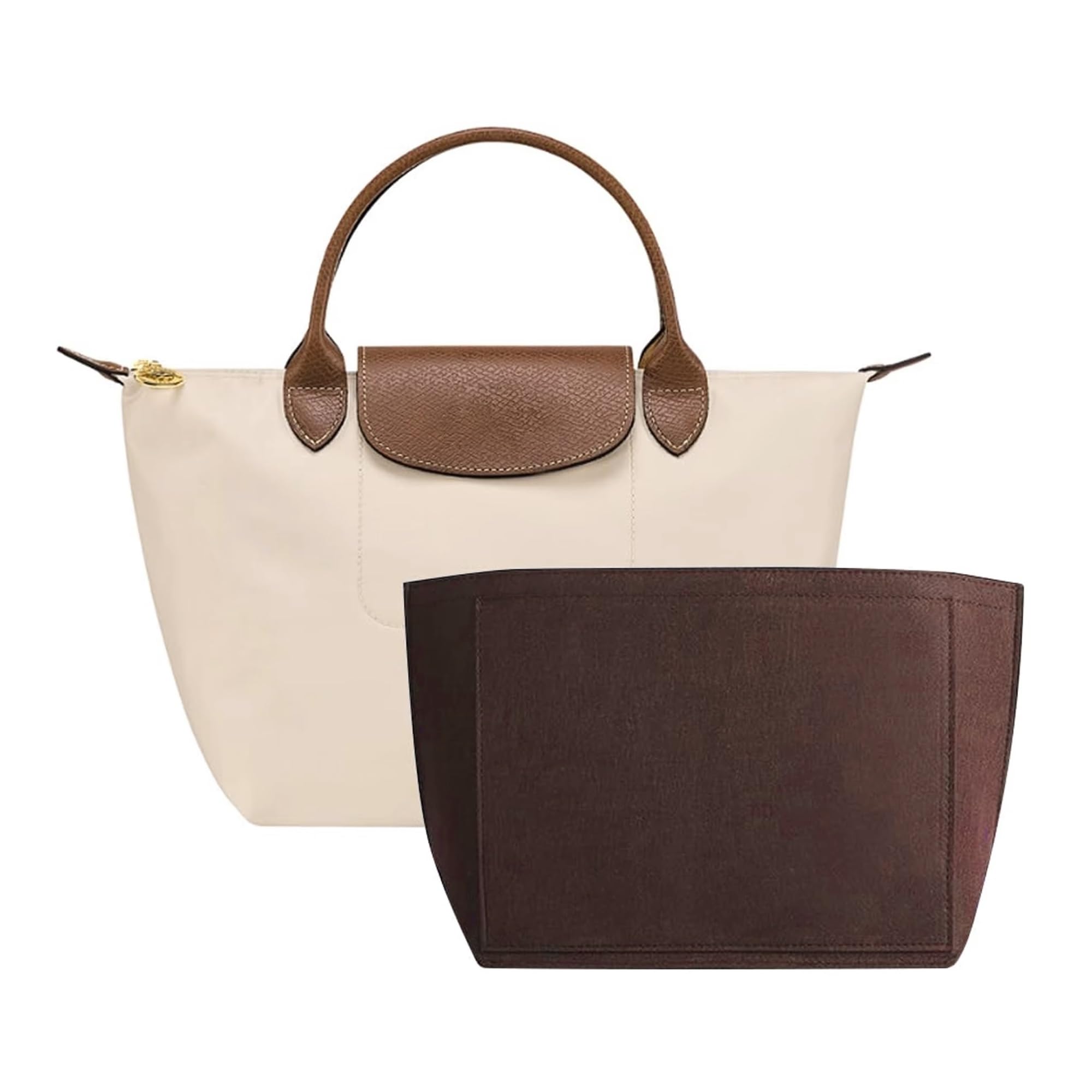 NJIEzhao Felt Handbag Insert Felt Tote Bag Organizer Insert with Zipper Multi-Pocket Handbag Shaper for Large Purse Makeup(Coffee,L)