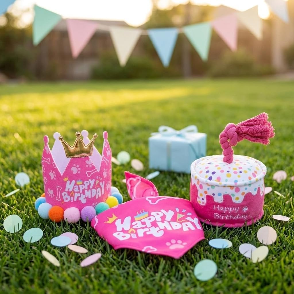 Dog Birthday Party Supplies Set with Girl Bandana Hat Squeaky Toy