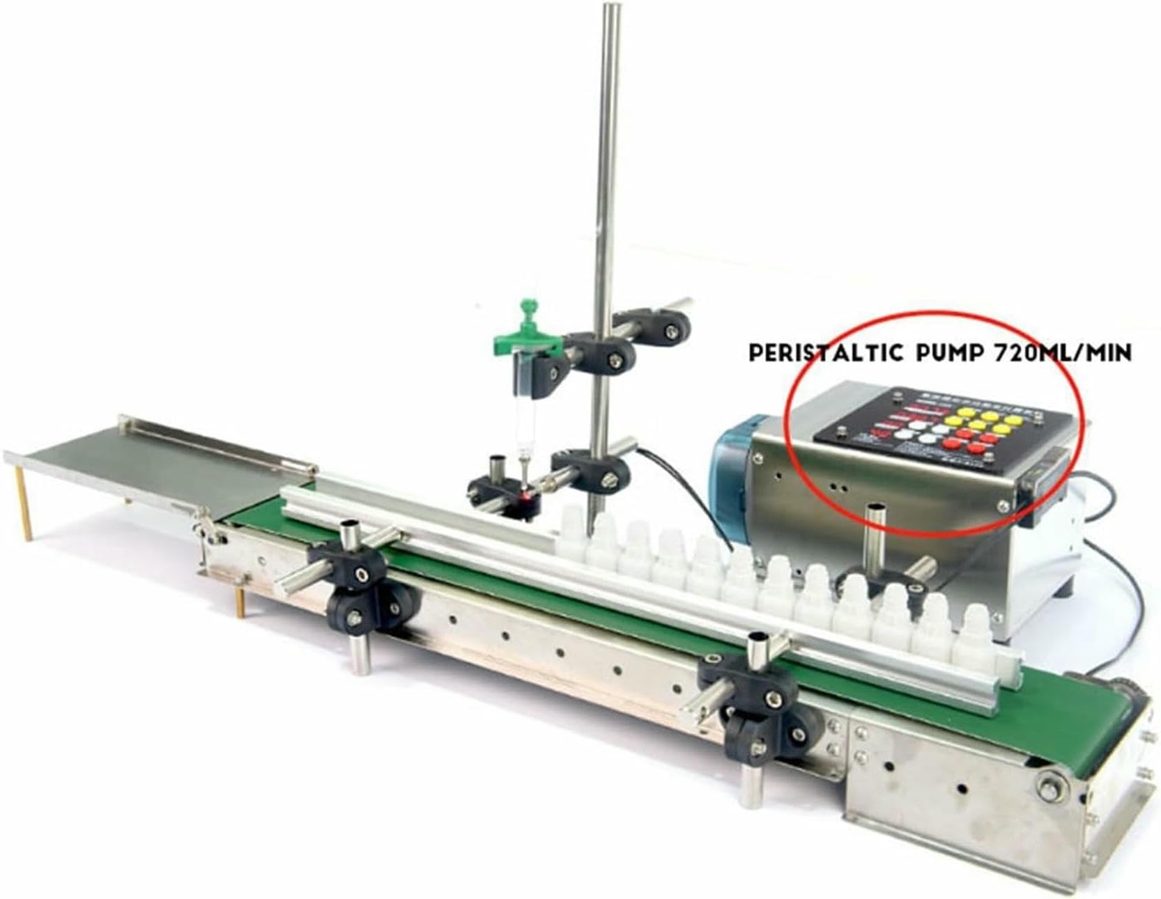 Máquina de llenado de líquidos Cinta transportadora completamente automática, bomba peristáltica de líquido de un solo cabezal, máquina de llenado por inducción dispensadora de alta precisión Diseño r