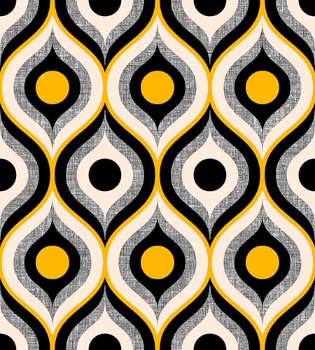 SOEWIOU Vintage Oval and Circular Geometric Peel and Stick Wallpaper,44.5×600cm Yellow, Black and Grey Fabric Textured Removable Self Adhesive Wallpaper for Living Room Bedroom
