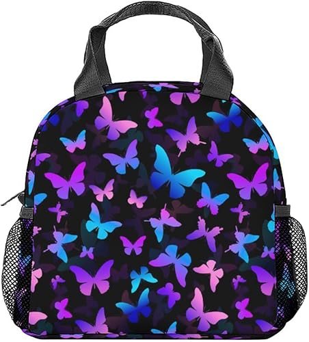 Lonchera de mariposa para niñas y mujeres, bolsas de almuerzo reutilizables aisladas con asa - Pequeña lonchera morada linda para niños - Ideal para