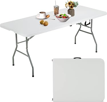 Folding Table,6 Foot Plastic Table,Foldable Camping,Party Table,Powder-Coated Steel Legs Indoor Outdoor,Portable for BBQ,Weddings,Camping,Garden,Dining,Fold-in-Half,White