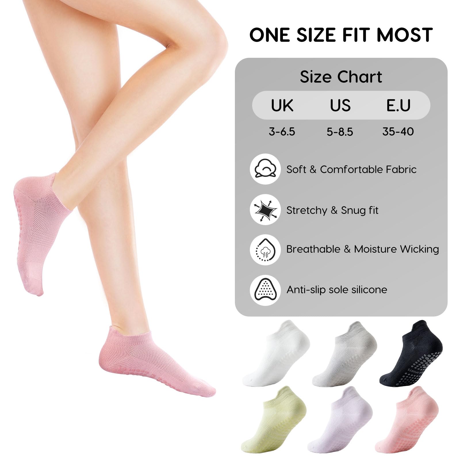 Dzpuhuojz 6 Pares Calcetines Pilates Antideslizantes,Mujer Transpirables Yoga Antideslizantes Calcetines para Pilates Reformer Pilates, Yoga, Ballet, Danza 35-40 — view 4