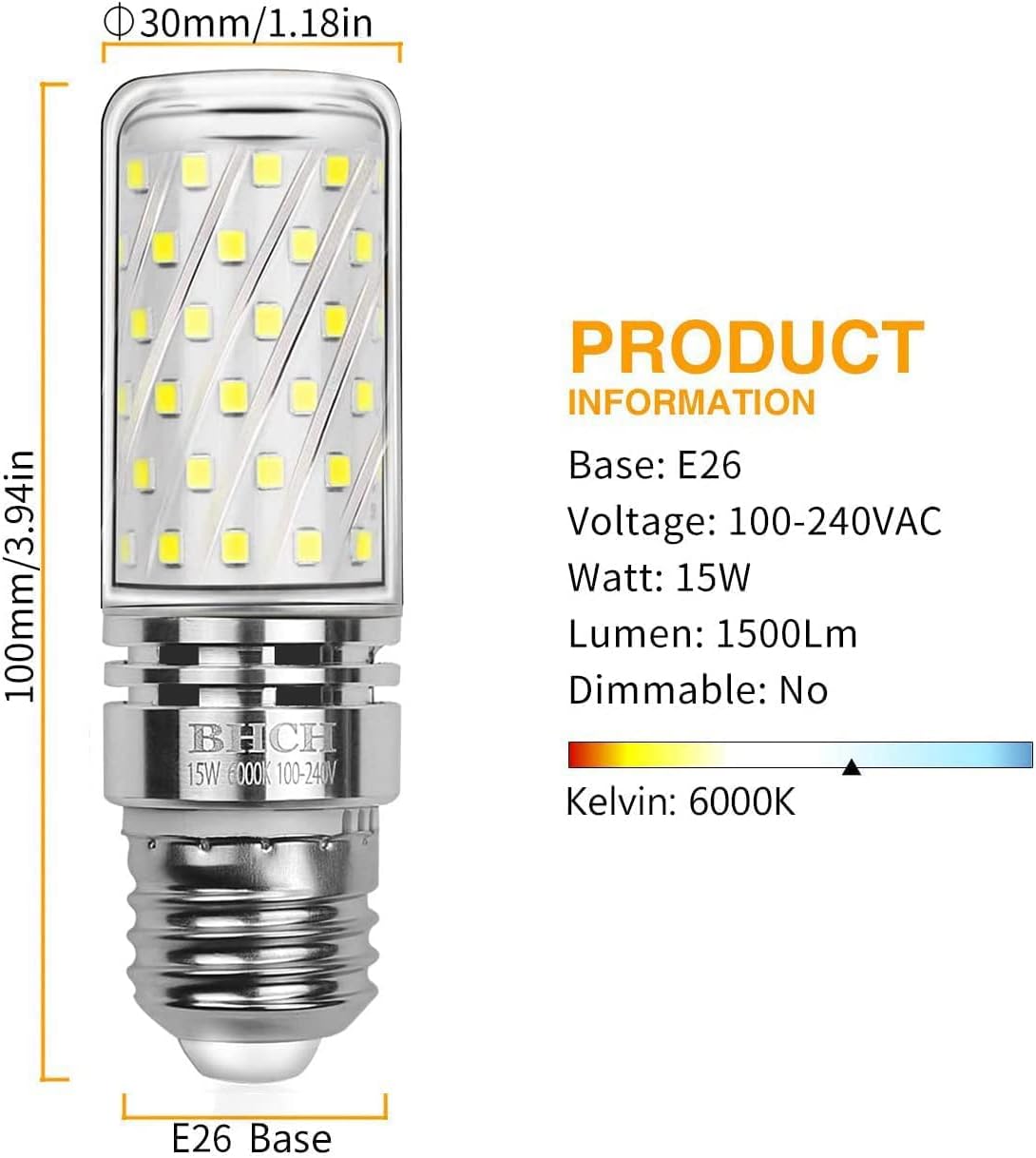 E26 LED Corn Bulbs 15W, 6000K Daylight White, 1500LM, Edison Screw Base, 120W Incandescent Equivalent, Pack of 4