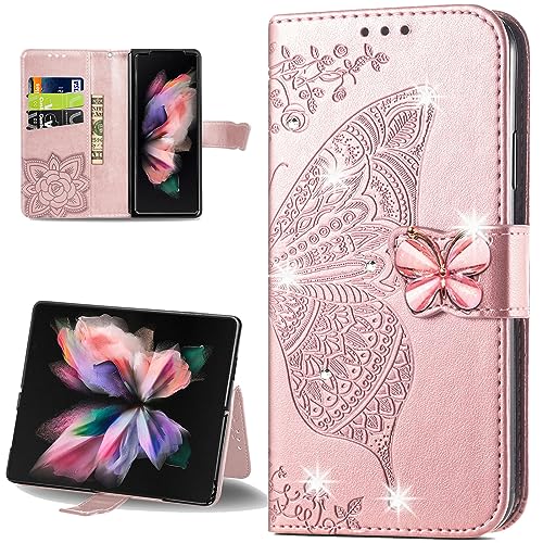 CCSmall for Samsung Galaxy Z Fold5 Wallet Case for Women Girls, Shiny Butterfly Flower PU Leather Cover with Card Slot Holder Flip Phone Case for Samsung Galaxy Z Fold 5 Rhinestone Rose Gold