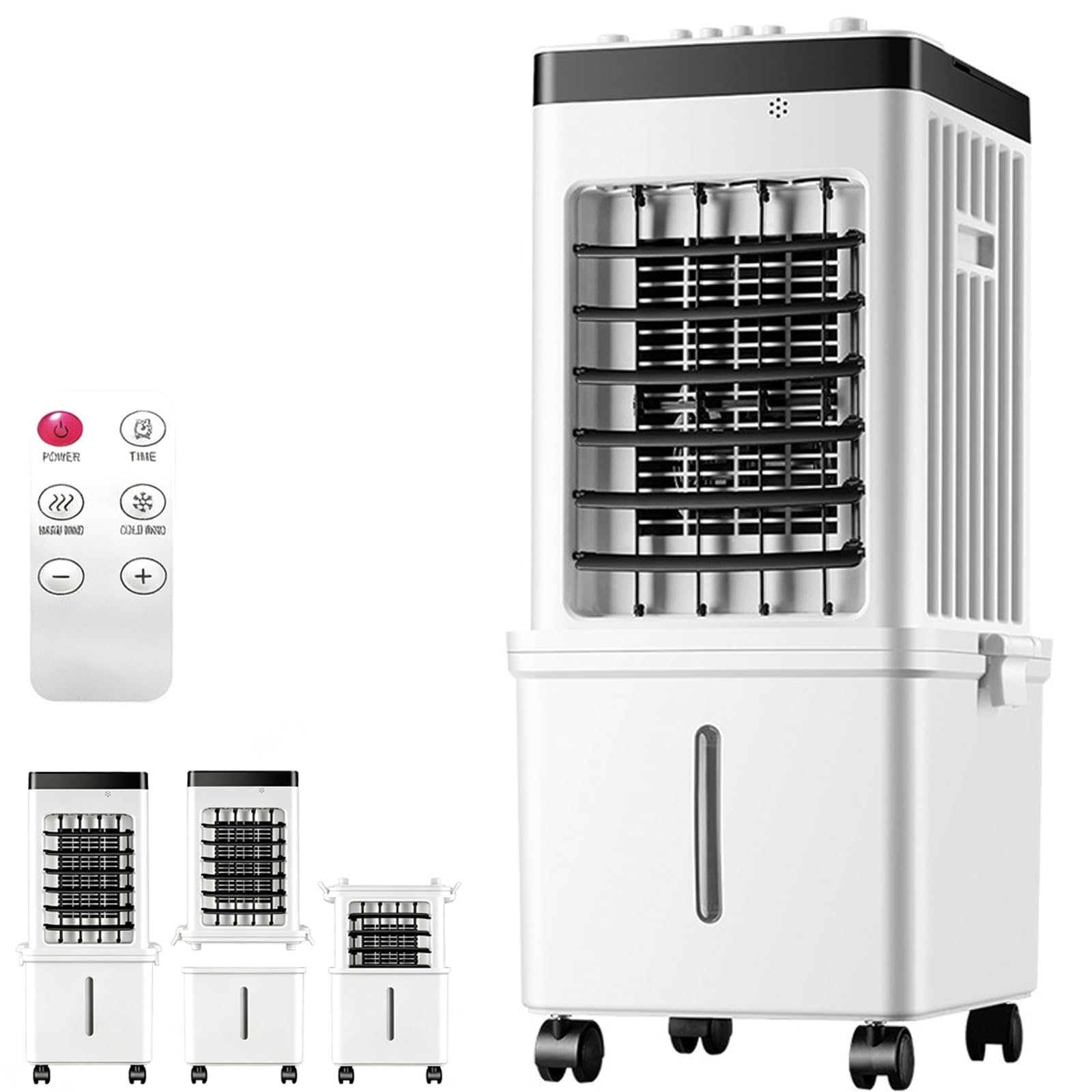 Condizionatore d'aria portatile, 4 in 1, con serbatoio dell'acqua da 15 litri, 3 velocità, timer 7,5 ore, telecomando, display a LED, ventola di raffreddamento per casa, ufficio, meccanico