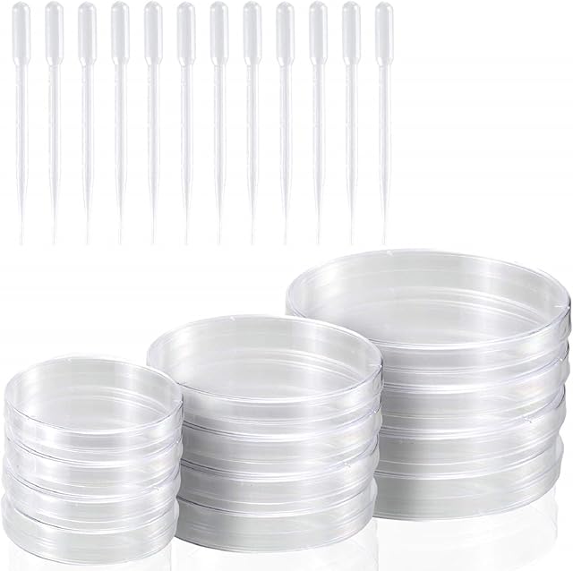 Yizerel Petri Dish Set with Lids, 12 Pack Sterile Petri Plates in 3 Sizes with 12 Pack 3ml Plastic Dropper Pasteur Pipettes for Lab, Experiment, Biology, Microbiology Studies (Pack of 24)