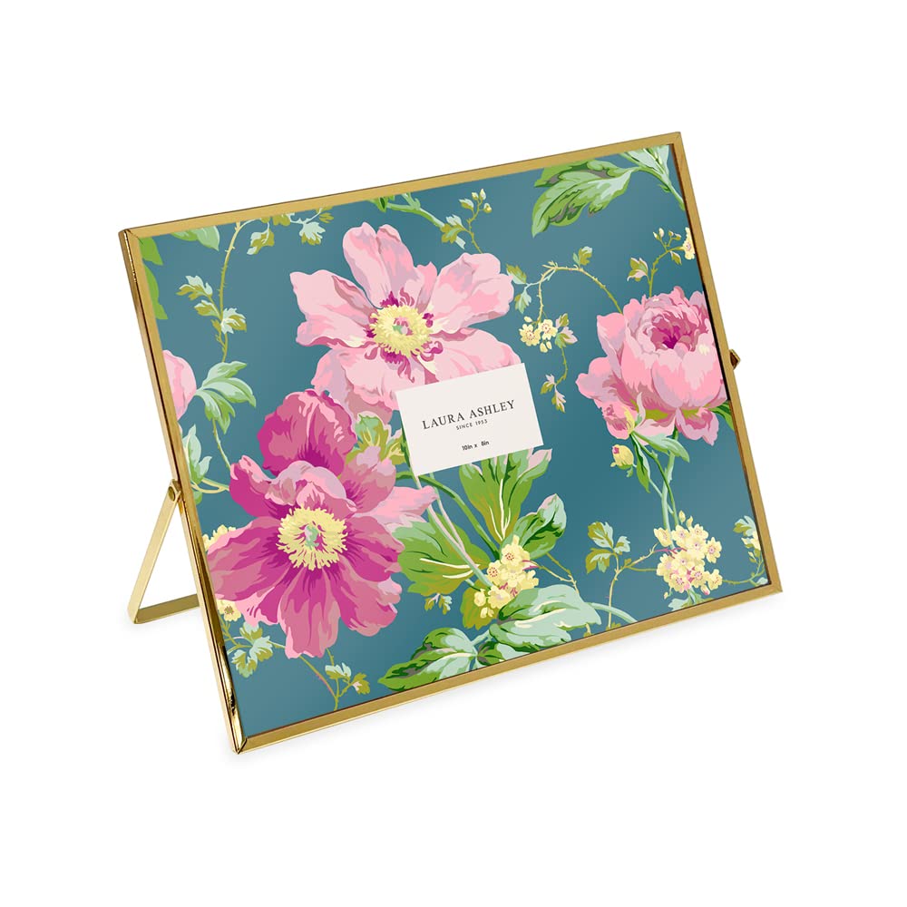 Laura Ashley 8x10 Gold Flat Metal Picture Frame (Horizontal) with Pull-Out Easel Stand, Made for Tabletop, Counterspace, Shelf and Desk (10x8, Gold)