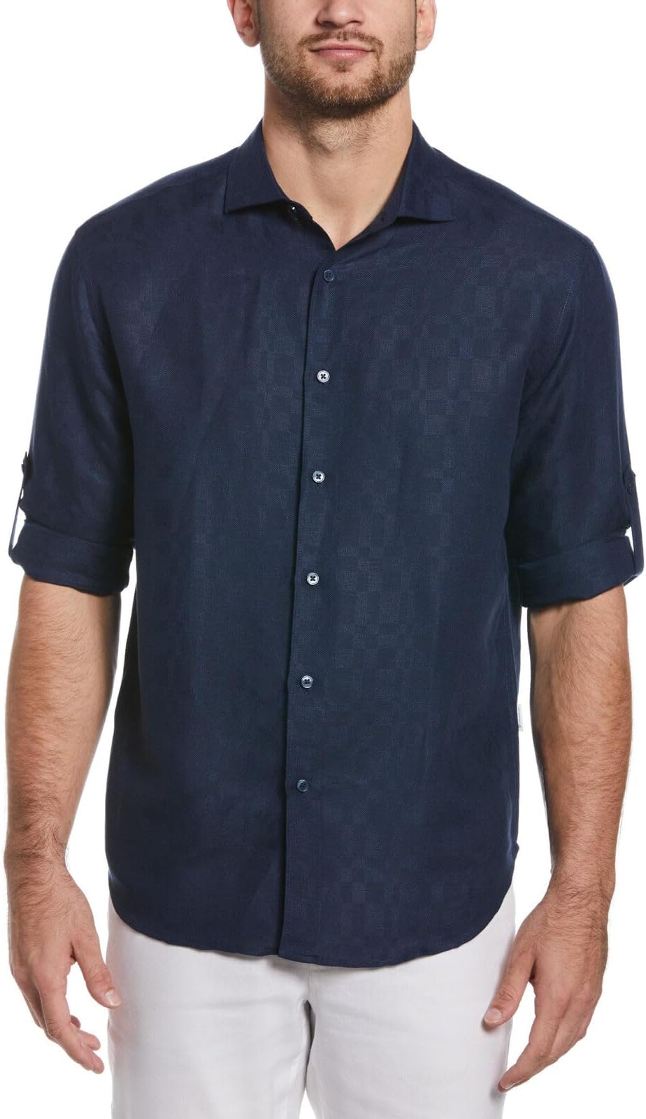 Men's Linen Blend Plaid Dobby Roll Sleeve Button-Down Shirt