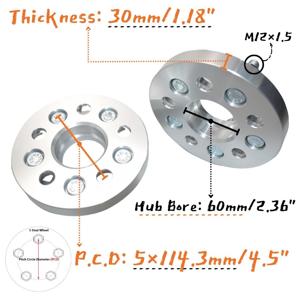 JINGLING 5 Lug Radabstandshalter PCD 5X114,3 Nabenbohrung 60MM M12X1,5 geschmiedet für Fairlady Z für Vellfire für Supra für Noah 2er Pack 30MM