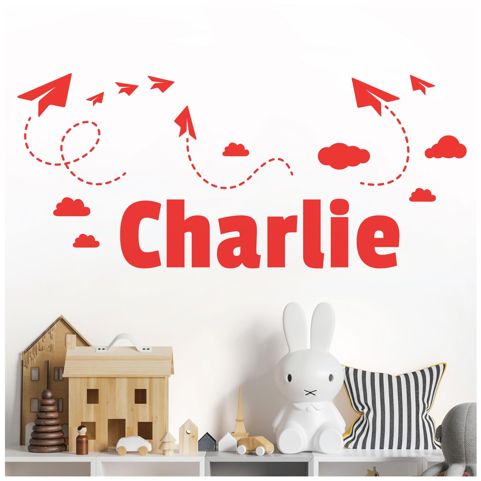 Personalised Name Children Wall Art Sticker - Sky, Paper Planes and Clouds [Medium] [Poppy]