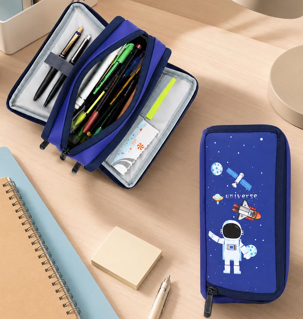 Wooum Large Pencil Case with 3 Compartments, Big Capacity Pencil Pouch for School Boys Girls College Students & Teachers Aesthetic Practical Stationery Pouch for Pens Pencils (Jet Blue (Universe))-image-46