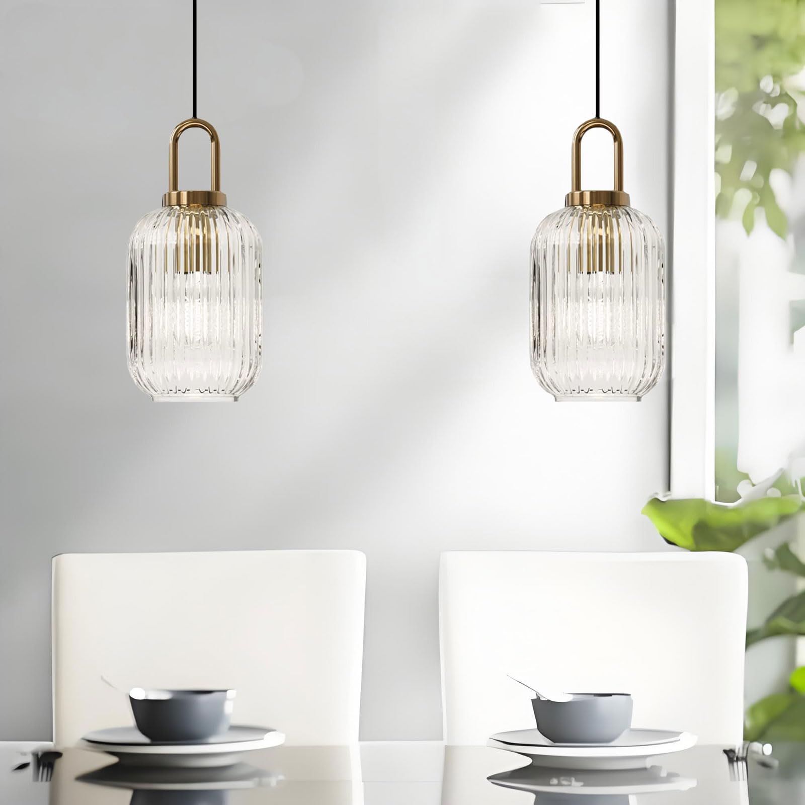 Lampada a Sospensione in Vetro Trasparente con Paralume in Vetro Rigato e Finitura Bronzo, Lampada a Sospensione Moderna Retro Plafoniera (`140mm)