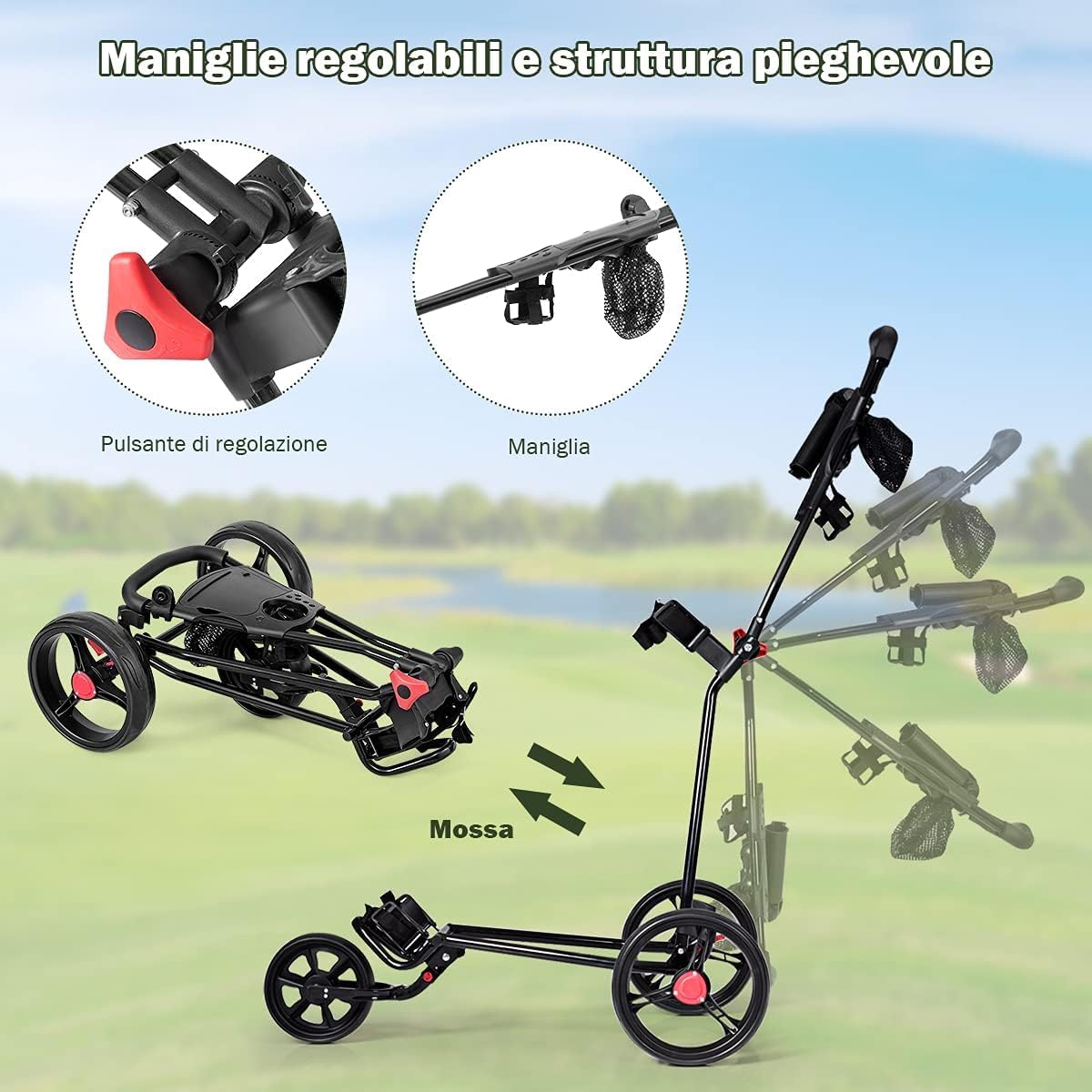 RELAX4LIFE Carrello da Golf a 3 Ruote, Compatto con Telaio di Ferro Robusto,Golf Cart Leggero e Pieghevole con Borsa in Rette e Portaombrelli, Facile da Trasportare,134 x 60 x 116 cm