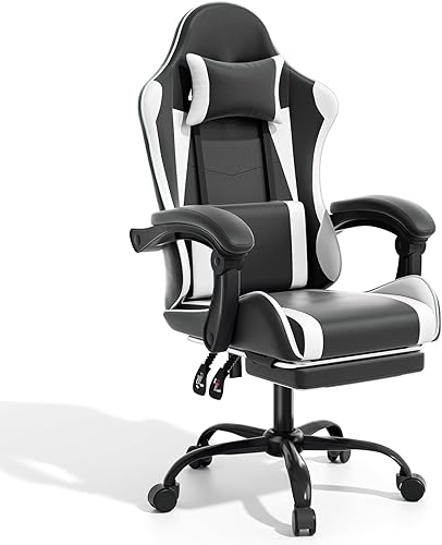 Magshion Silla de juegos para adulto, silla ergonómica de computadora con almohada lumbar, reposacabezas y reposapiés retráctil, altura ajustable