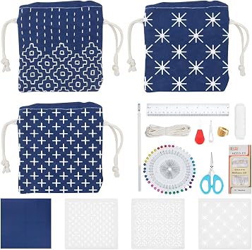 INFUNLY 3 Set Sashiko Drawstring Bag Kits Sashiko DIY Tote Bag Kit Flower Sashiko Fabric Kit for Beginners Make Your Own Tote Bag with Thread Needles Hand Sewing Set for Adults