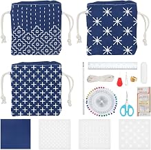 INFUNLY Sashiko 3 Pack Sashiko DIY Drawstring Bags Set Sashiko Fabric Shopping Bags for Beginners Make Your Own Sashiko Shopping Bag Thread and Needles Sewing Kit