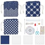 INFUNLY 3 Set Sashiko Drawstring Bag Kits Sashiko DIY Tote Bag Kit Flower Sashiko Fabric Kit for Beginners Make Your Own Tote Bag with Thread Needles Hand Sewing Set for Adults