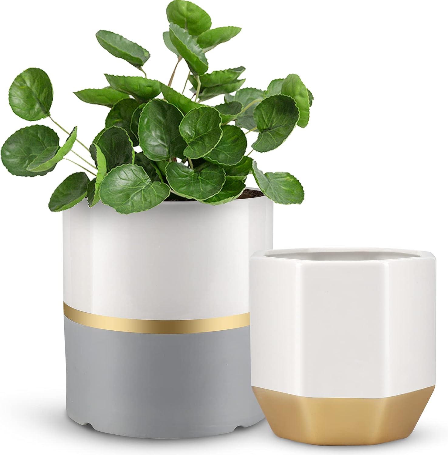 Plant Pots, BABIRO White Ceramic Pots for Plants, 6.1/5.1 Inch Ceramic Flower Pot with Drainage Holes, Indoor Planter Pots with Gold and Grey Details