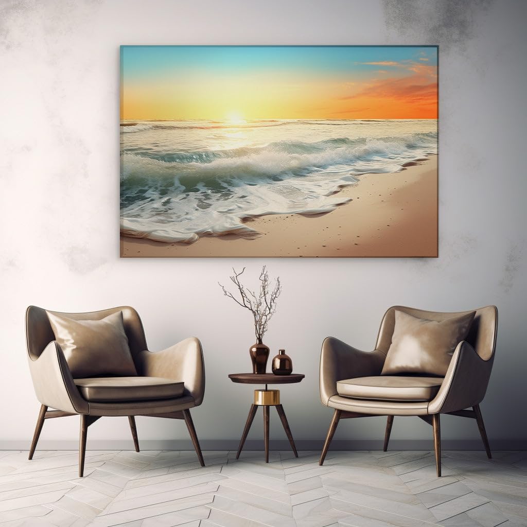 Canvas for Living room. Sunset Serenity on Golden Shores � Embracing Peace as Waves Kiss the Sand, 27 x 18 inch Canvas Wall Art - Contemporary Masterpieces - Modern Home Decor
