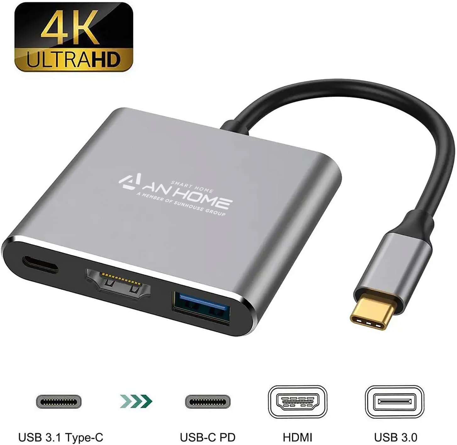 AnHome USB C Hub HDMI Adapter 3-in-1 USBC Multiport Hubs USB 3.0, Type C 100W PD Charging, USBC Adaptator Dongle Dock USBC Converter for Apple MacBook Pro Air, USBC Laptop Computer Accessories Hub 3 in 1 image 5 of 6 B0CBLX2YVR