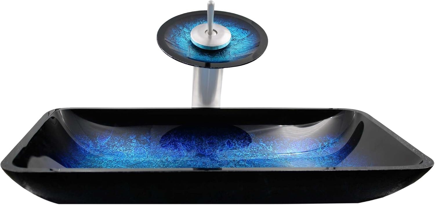 Miseno MVS-NSFC-G1903417003 Fresca 21-3/4" Glass Vessel Bathroom Sink with 2.2 GPM Deck Mounted Bathroom Faucet - Blue/Matte Black Drain