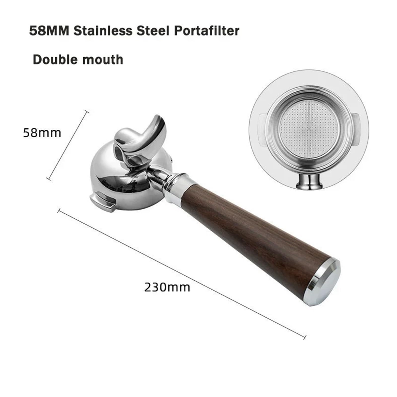Portafiltro, compatible con Expobar, 58mm mango de madera | Repuesto para Rocket, sin fondo, filtro universal E61, doble salida desmontable(58mm-Double mouth-C2)