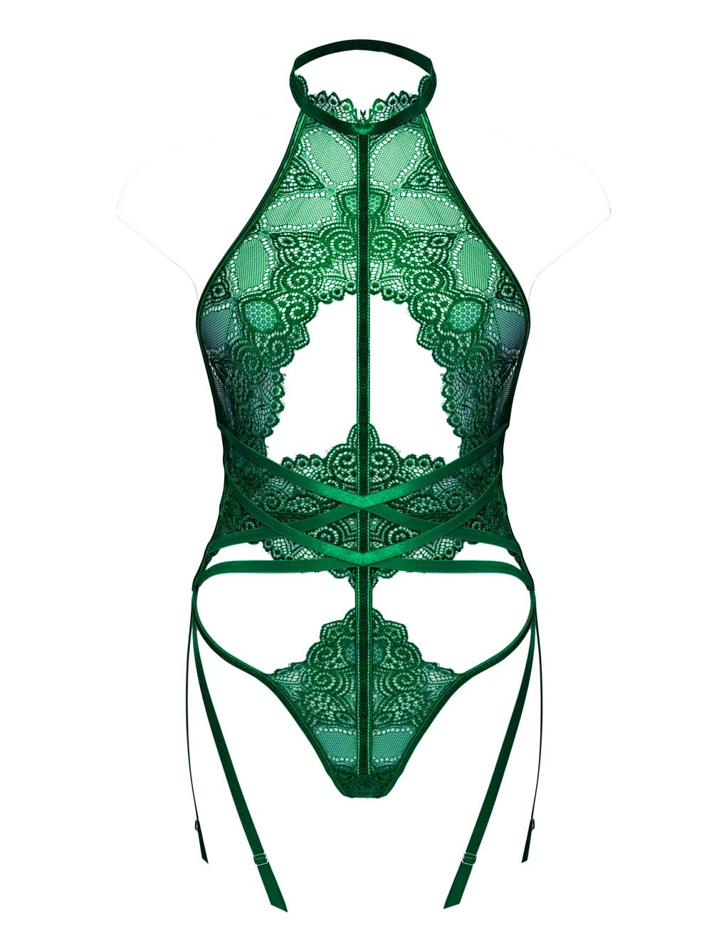 Sexy Lingerie for Women Lace Bodysuit with Garter Belt High Neck Backless Corset One Piece Bodysuit Lingerie Green