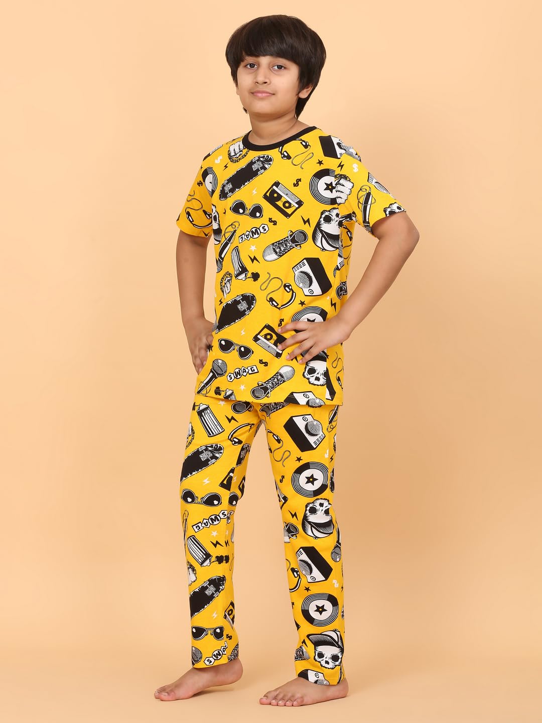 Ninos Dreams Half Sleeves Boys Night Suit with Lower-Yellow Skull Print - Image 4 thumbnail