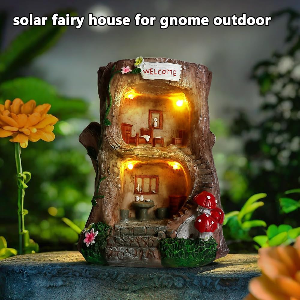 Solar Light Gnome Fairy Garden House for Outside, Big Size Fairy Miniature Buildings Accessories House Sculptures for Outdoor Garden Patio Lawn Path Decorations, 8" Tall - Image 3