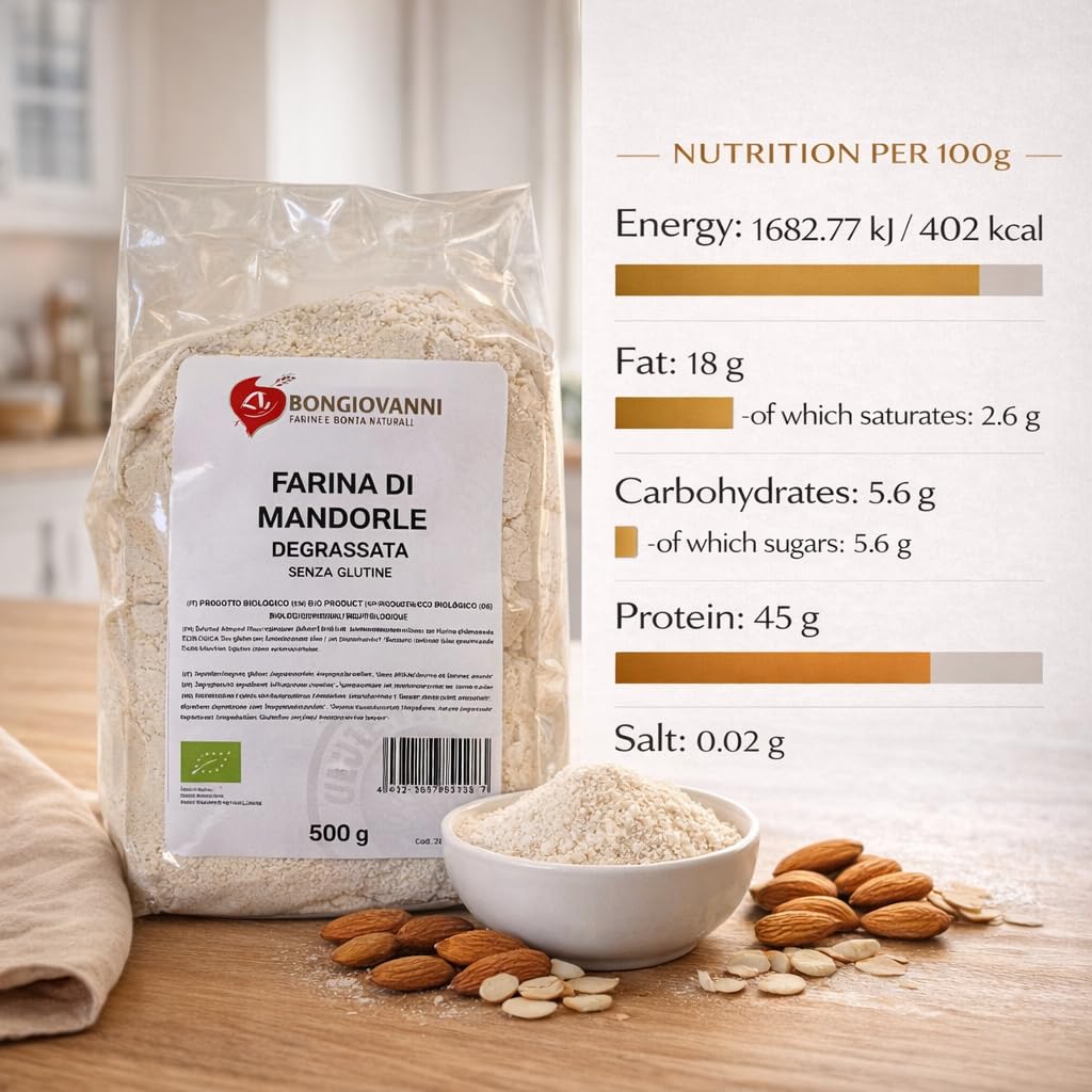 BONGIOVANNI Farine e Bontà Naturali Farina di Mandorle Degrassata Bio Senza Glutine 500 g – Gusto Leggermente Fruttato e Delicato