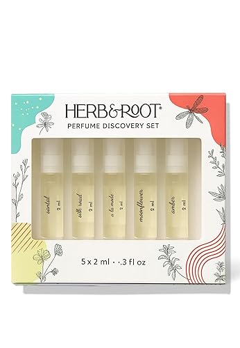 Herb & Root Perfume Discovery - Juego de 5 aerosoles de perfume de fragancia limpia, género neutro, 5 muestras de perfume, sin parabenos, no tóxico