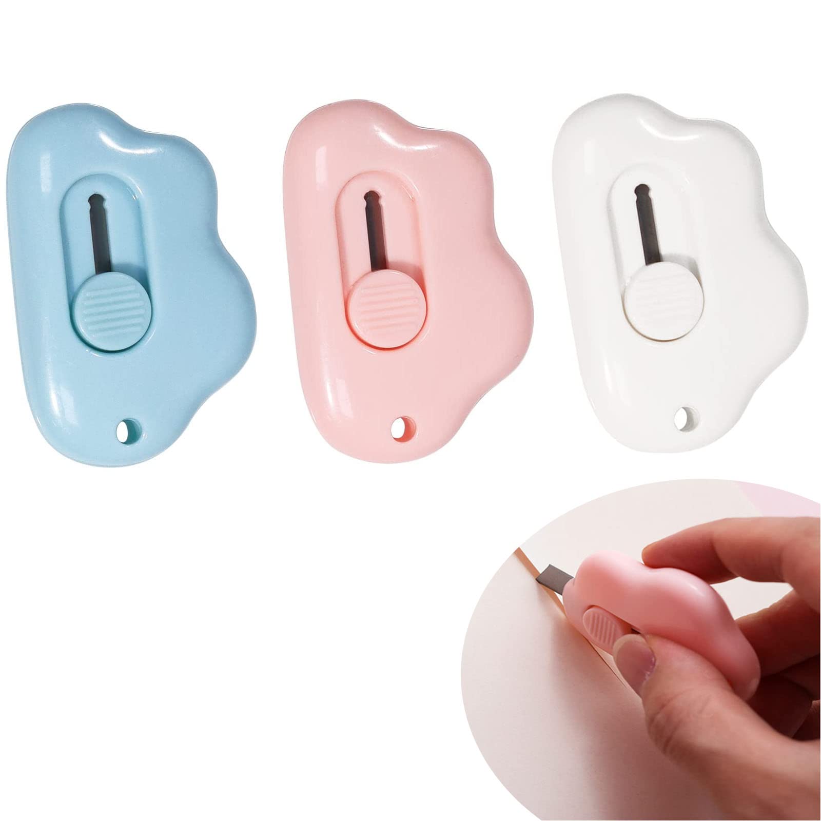 Mini Cloud Shaped Utility Knife, Portable Retractable Box Cutter Letter Opener with Key Chain Hole, Safety Package Box Opener (Pink White Blue 3Pack)