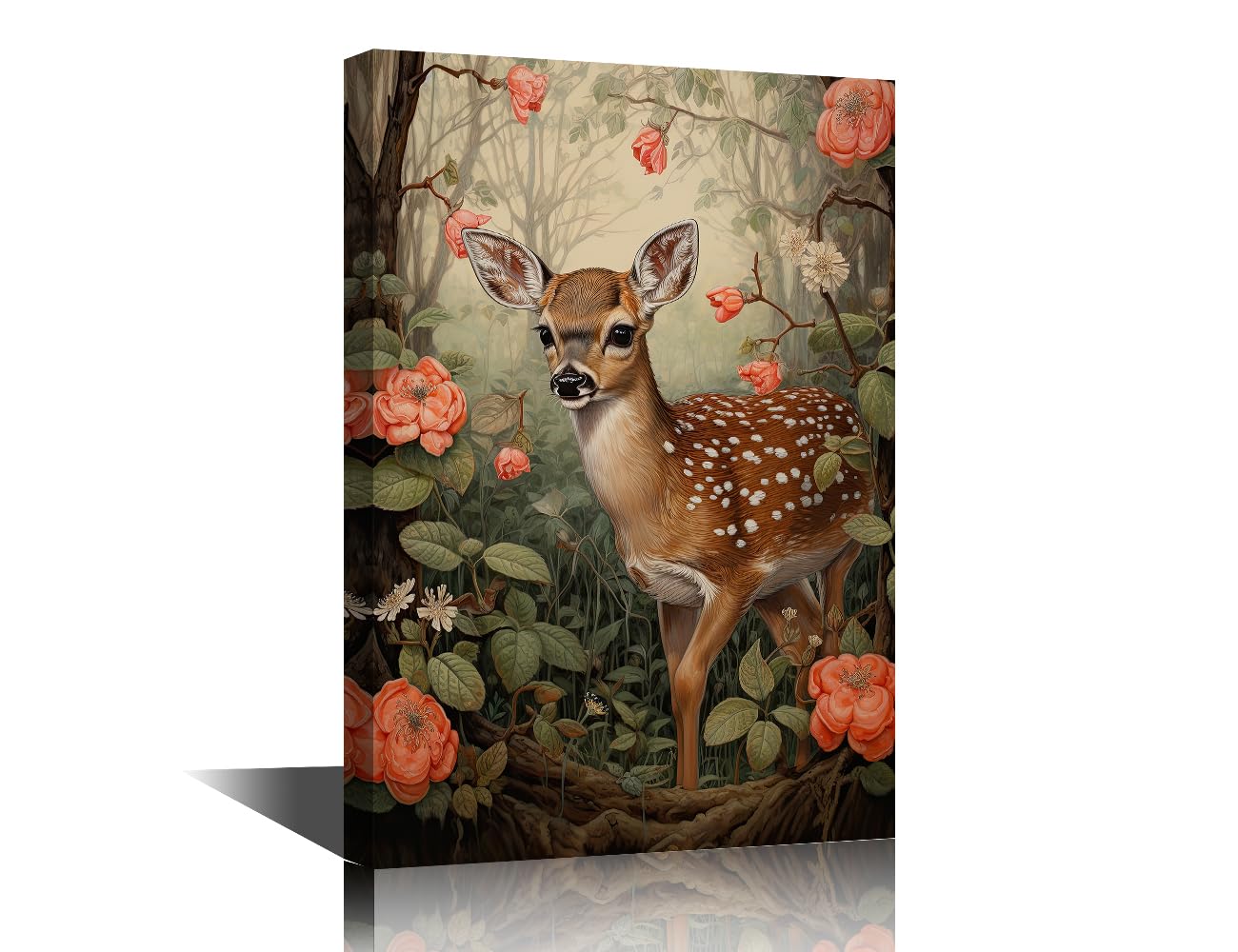 TISHIRON Forest Deer Canvas Wall Art for Living Room Wildlife Canvas Painting for Bedroom Kitchen Deer in Flowers Foggy Back Poster Decorations Artwork Framed Ready to Hang 24" Wx36 Hx1 Panel